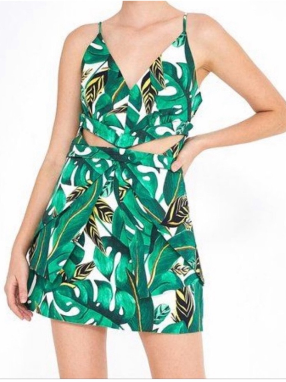 Farm Rio Max Amazonia Tropical Leaf Mini Dress Monsterra Palm Leaf Green Size S